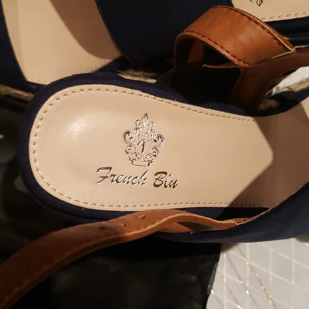 French Blu NEW Wedge Espadrille Platform Sandal NIB Navy Tan Women's 40